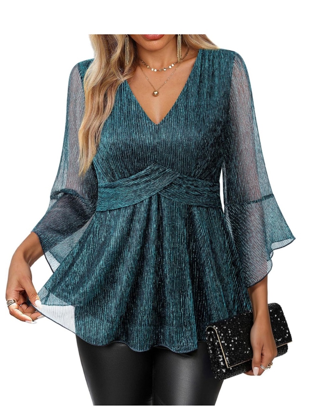 Glitter Sequin 3/4 Bell Sleeve V-Neck Blouse Party Top